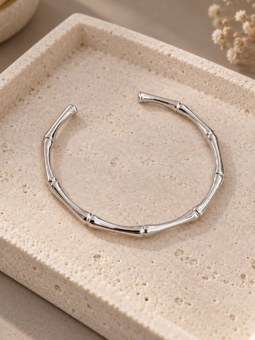 Silver Bamboo Open Cuff Bangle Bracelet Minimalist NWT